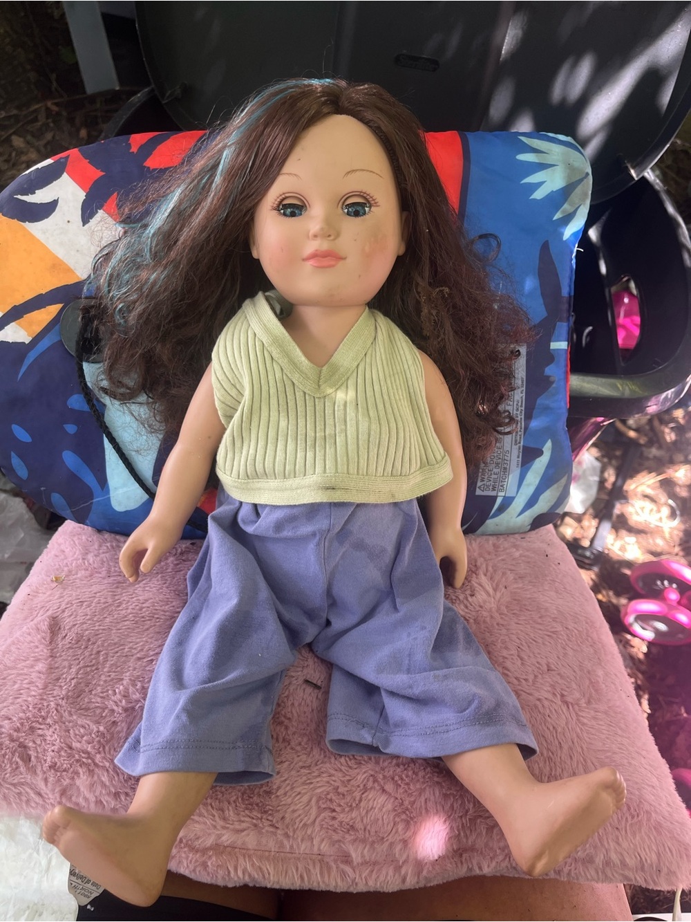 Brown-Haired Play Doll in Light Green Top and Lavender Pants